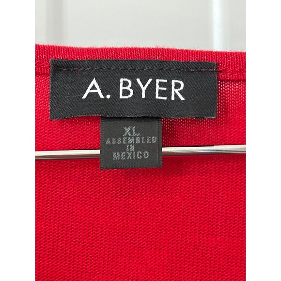 A Byer Blouse Size XL Sheer Floral Lace Shoulder Trim Ruched Knit Red Metallic - Picture 3 of 7